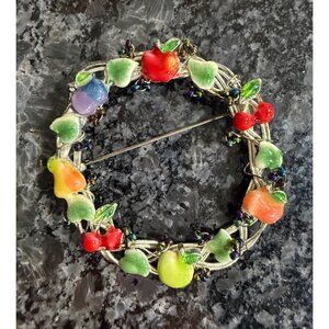 Vintage Multicolor Fruit Wreath Brooch Pin With Enamel & Silver Tone Metal Bold